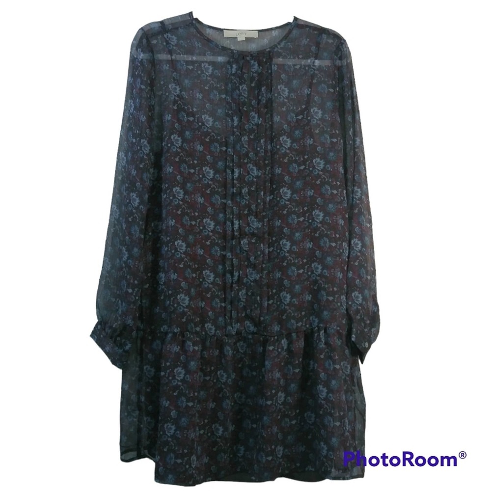 Loft Purple Maroon Floral Pleated Drop Waist Shift Dress Size M